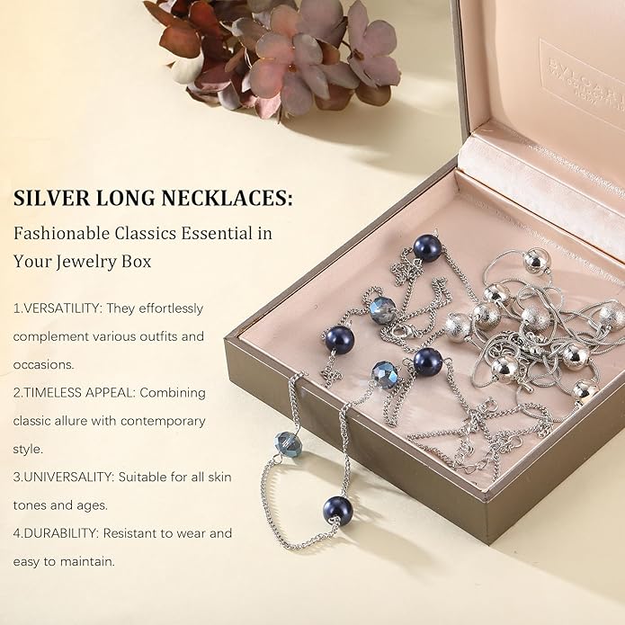 Silver Layered Long Necklace for Women Pearl Crystal Sweater Strand Chain Necklaces Fashion Gifts