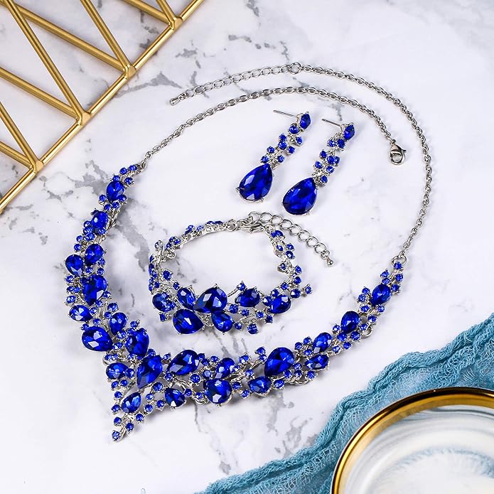 BriLove Wedding Bridal Jewelery for Women Austrian Crystal Teardrop Cluster Statement Necklace Dangle Earrings Link Bracelet Set