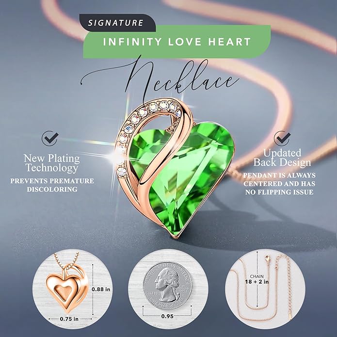 Leafael Rose Gold Plated Necklace for Women: Heart Shaped Birthstone/Healing Crystals Center, Dazzling Cubic Zirconia, Hypoallergenic Chain (18"+2"), Jewelry Gifts for Anniversaries and Birthdays