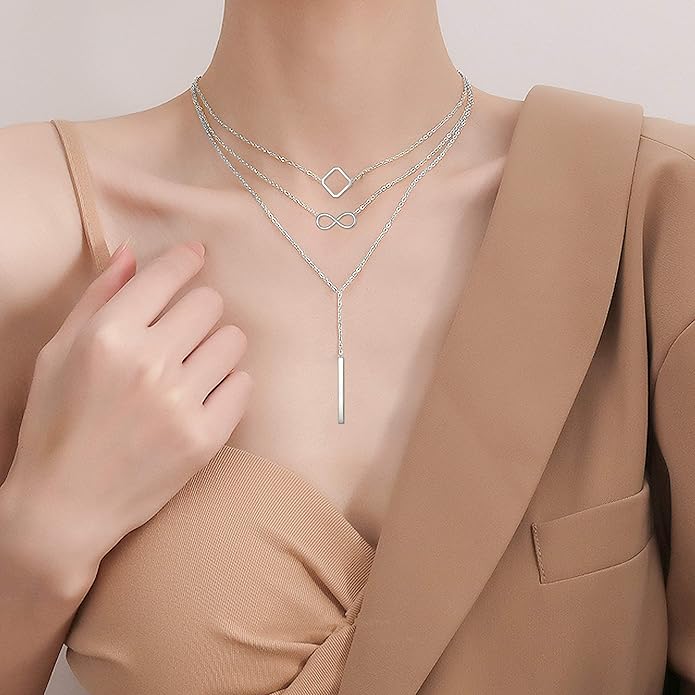 S925 Sterling Silver Layered Necklaces Multi 3 Layer Circle Bar Boho Long Triple Choker Pendant Necklace Jewerly Gift for Women