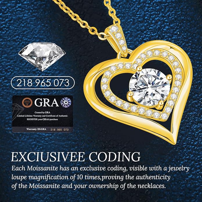 Moissanite Heart Pendant Necklaces for Women, 925 Sterling Silver Necklace Engraved with 'I LOVE YOU', Ideal Anniversary Birthday Christmas Valentine Mothers Day Jewelry Gifts for Mom Wife Girlfriend Daughter Her