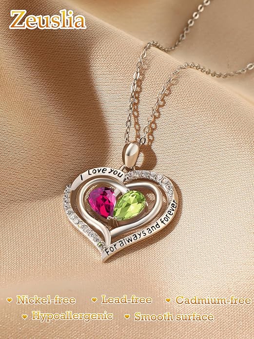 Zeuslia Double Birthstone Necklace Gifts for Wife - 925 Sterling Silver Sunflower/Rose/Crown Cross/Compass/Heart Pendant I Love You Necklace, Anniversary Birthday Gifts for Wife Girlfriend Mom Her