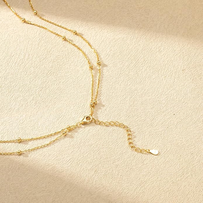 Foxgirl Lariat Gold Necklace for Women, Dainty Long Necklace 14k Gold Plated/Silver Y-Shaped Pendant Necklace Trendy Layered Cz Beaded Chain Drop Necklaces Simple Gold Jewelry For Women Gift