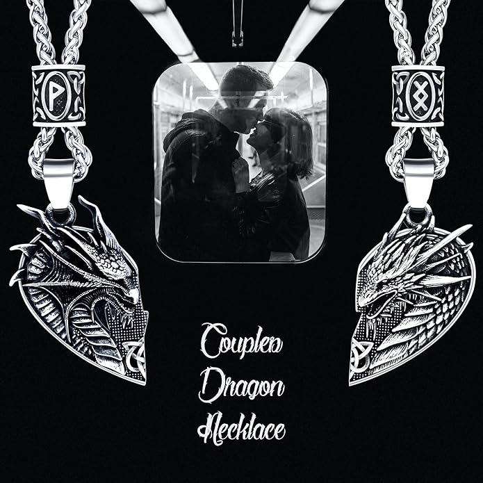 ZiWuark Matching Dragon Necklace Couples Viking Heart Necklace Jewelry for Men Women with Rune Beads