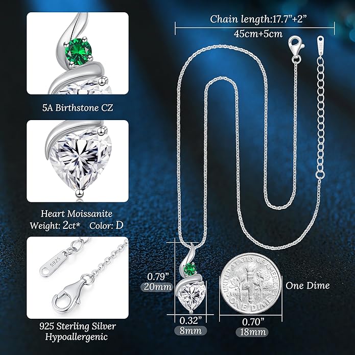 Moissanite Heart Pendant Necklaces for Women, 925 Sterling Silver Necklace with Birthstone, Ideal Anniversary Present or Birthday Christmas Valentine Mothers Day Jewelry Gifts for Mom Wife Her Girlfriend