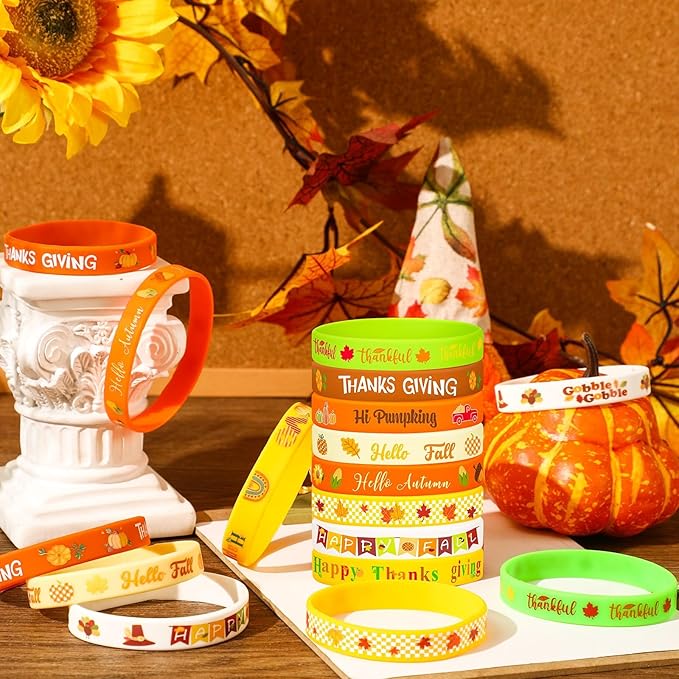 JUNEBRUSHS 64pcs Thanksgiving Party Favors Fall Leaves Pumpkin Silicone Bracelets Rubber Wristbands for Autumn Thanksgiving Home Office Party Decorations Gifts