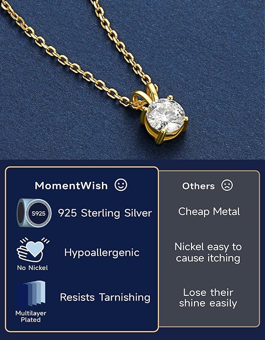 MomentWish Moissanite Solitaire Pendant Necklaces for Women Sterling Silver 0.3/0.5/1/2-Carat D Color VVS1 Clarity Mossanite Jewelry for Women