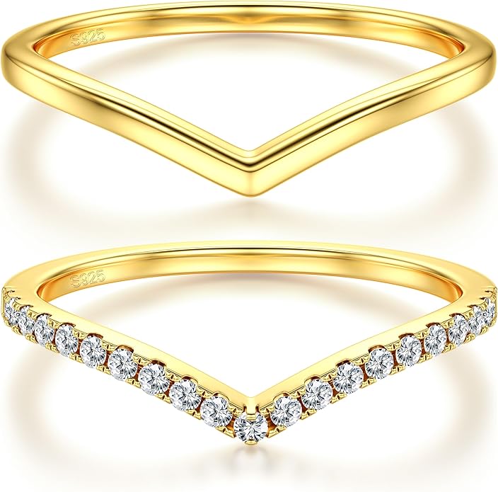 Dochais 2PCS Silver Rings for Women 925 Sterling Silver 14k Gold Plated Wishbone Ring Non Tarnish Wedding Bands Stackable Dainty V Shaped Rings CZ Wedding Rings Promise Ring Engagement 5-10