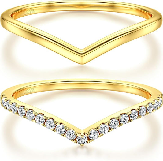 Dochais 2PCS Silver Rings for Women 925 Sterling Silver 14k Gold Plated Wishbone Ring Non Tarnish Wedding Bands Stackable Dainty V Shaped Rings CZ Wedding Rings Promise Ring Engagement 5-10