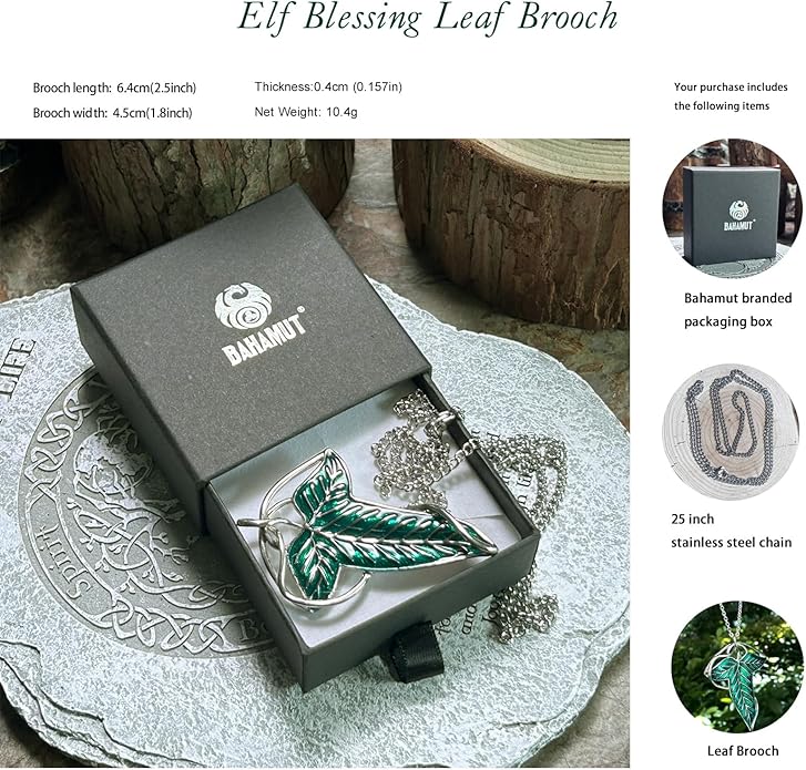 Bahamut Elegant Elven Green Tree Leaf Enamel Pins Brooch for Women Men Suit Pendant Necklace,Cloak Clasp Brooches Cosplay Jewelry