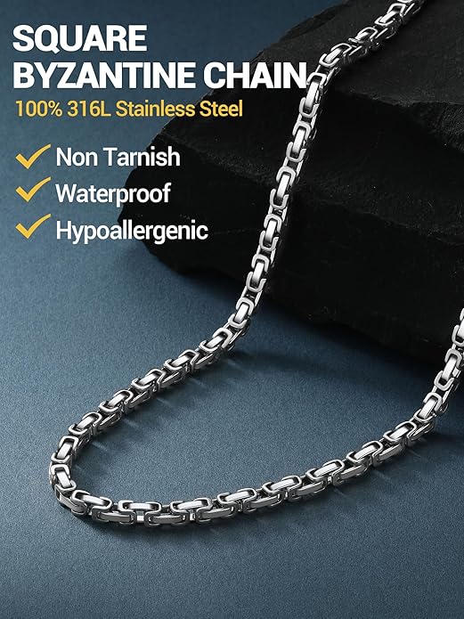PROSTEEL 4MM/6MM/8MM Stainless Steel Necklace for Men Women, Stylish and Cool, Byzantine Chain Black Gold Silver Tone, 18-30 Inches, Come Gift Box