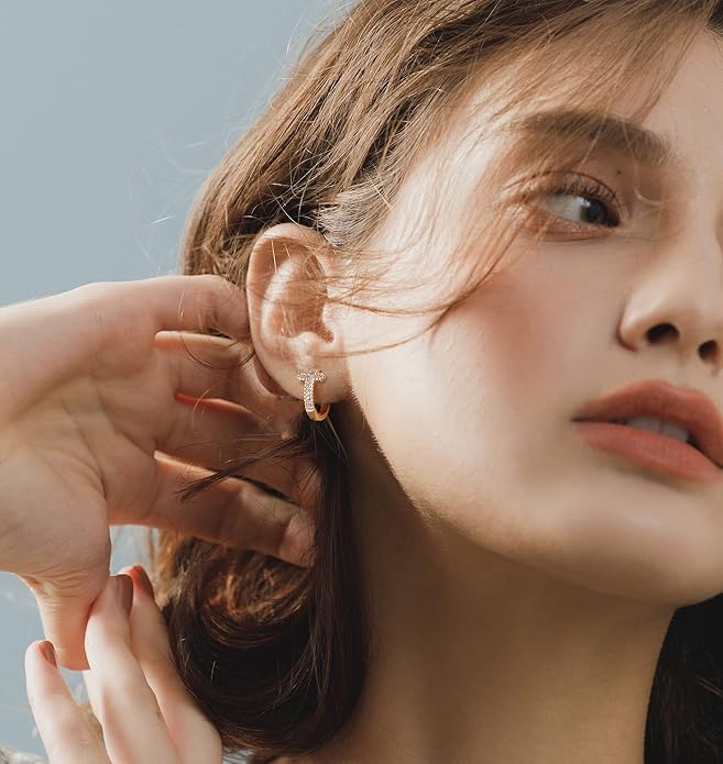 Gold Huggie Hoop Earrings 14K Gold Plated Dainty Chunky Thick Hoop Diamond Cubic Zriconia Inlay Sleeper Tiny Delicate Boho Beach Simple Hypoallergenic Jewelry Gift for Her