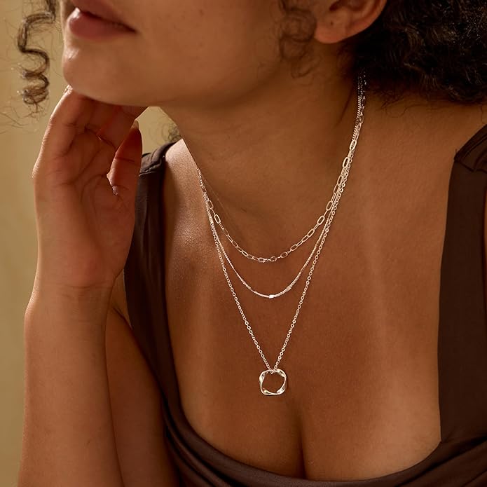 Layered Silver Necklace for Women Trendy Silver Plated Dainty Stackable Necklace Set Cuban Paperclip Herringbone Link Chain Coin/Cross/diamond/Mobius Pendant Necklaces Fashion Accessories Jewelry Gift