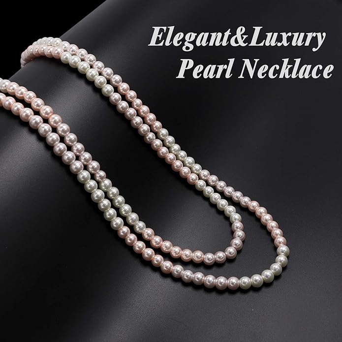 Long Pearl Necklaces for Women Cream White Faux Pearl Strand Layered Necklace Costume Jewelry