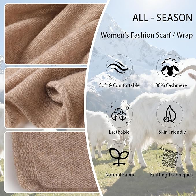 WASALUYA 100% Cashmere Scarf for Women - Knitted Lightweight Travel Wrap, Soft Large Shawl, 71x24 Inches, Luxury Gift