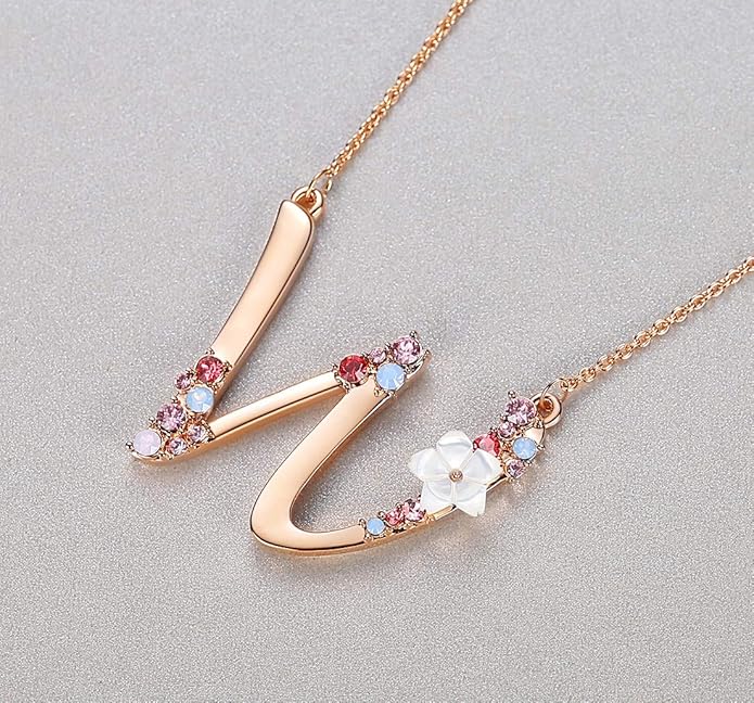 Flower Initial Letter Necklace Pink Red Blue Simulated Pearl Pendant Name Jewelry Made with Austrian Crystals Rose Gold Plated Anniversary Birthday Gifts for Women,18"+2"