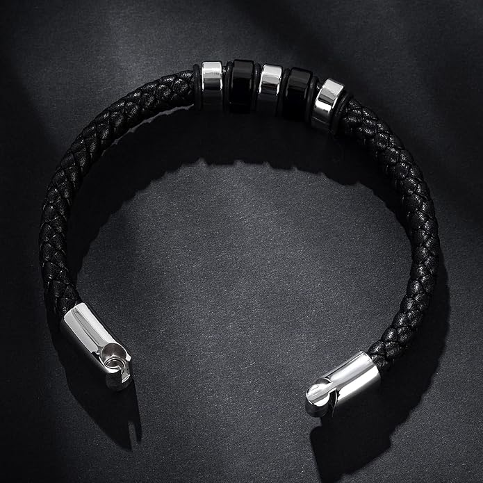 Leather Bracelet for Men Braided Cuff Wristband Stainless Steel Clasp in Silver and Gold Jewellery Gift