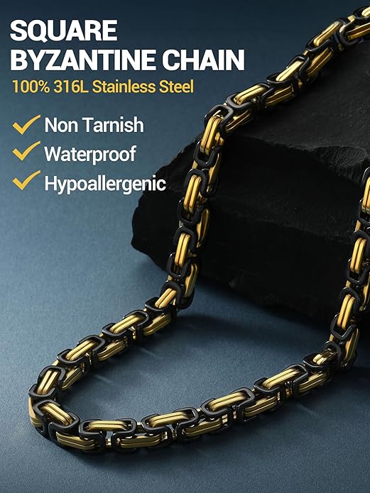 PROSTEEL 4MM/6MM/8MM Stainless Steel Necklace for Men Women, Stylish and Cool, Byzantine Chain Black Gold Silver Tone, 18-30 Inches, Come Gift Box