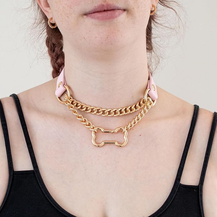 Black/Pink Leather Choker Collar For Women, Handmade Gothic Slip Chain Necklace with Bone Clasp