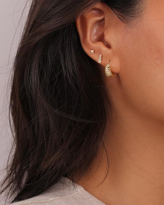 Gold Hoop Earrings Set for Women Trendy, 14K Gold Plated Chunky Hypoallergenic Small Diamond Cartilage Hoops Cute Cubic Zirconia Dangle Stud Earrings Jewelry Gifts