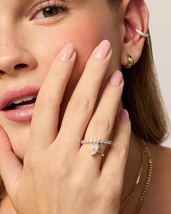 PAVOI 14K Gold Plated Wavy Engagement Ring for Women | Solitaire Cubic Zirconia Wedding Band & Promise Rings for Her | Trendy Fashion Jewelry