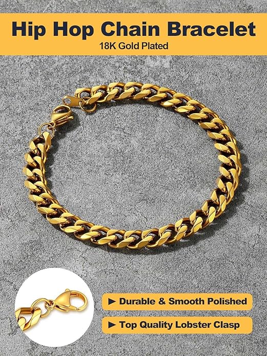 U7 Link Bracelets for Men, Cuban Link/Rope/Watch Band Solid Bracelet, Silver Black Gold Color Wrist Bracelet 3/6/9/12/15mm Width, 6.5/7.5/8.3 Inch Length, Hand Chain Jewelry for Mens Women