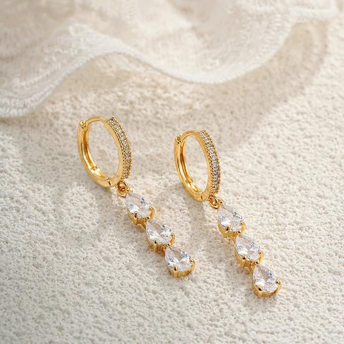 2 Pairs Gold Huggie Hoop Earrings for Women 14k Gold Plated Diamond Stud Earrings Set Drop Dangle Hypoallergenic Cubic Zirconia Flat Back Earring Gold Jewelry for Women Gift