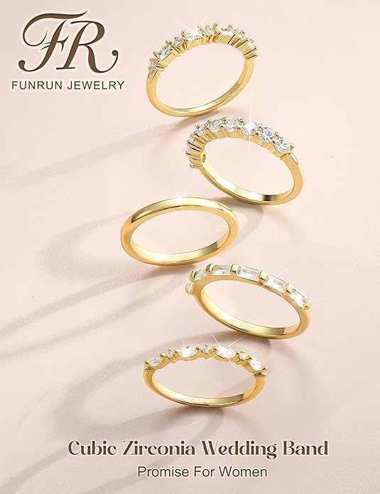 FUNRUN JEWELRY 14K Gold Plated Rings for Women Non Tarnish Stackable Rings Dainty Cubic Zirconia Band Pinky Thumb Knuckle Ring Set Trendy Statement Promise Wedding Thin Stacking Ring Size 5-10 5PCS