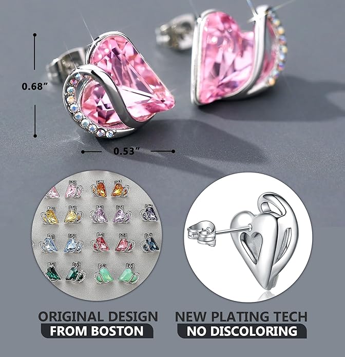 Earrings for Women, Mothers Day Gift for Mom, Heart Birthstone Crystal Stud Earring, Silver Plated Birthday Jewelry