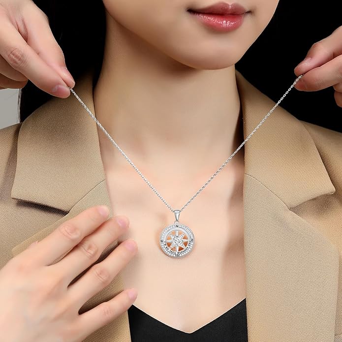 Mkhhy Compass Necklace for Women Jewelry For Her White Gold and Yellow Gold I'd Be Lost Without You(18k Real Gold Filled With S925)