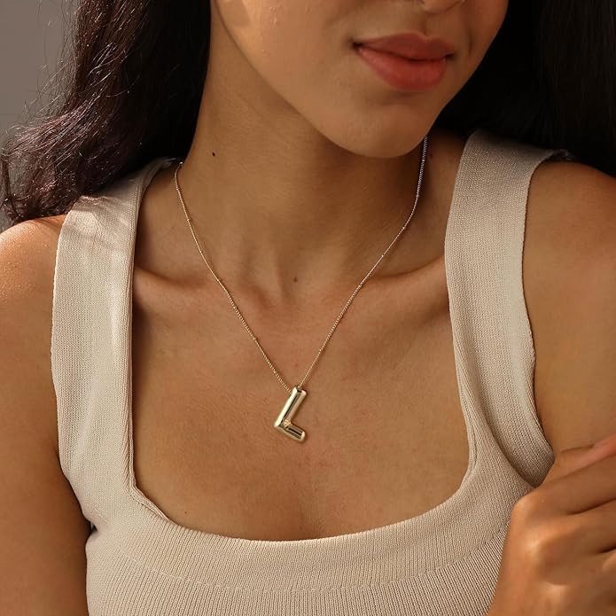 Initial Necklaces for Women, 14k Gold Plated Bubble Letter Necklace Chunky Gold Necklace Dainty Charm Initial Necklaces for Women Trendy Custom Preppy Stocking Stuff Necklace Christmas Gifts