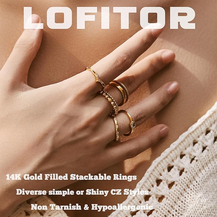LOFITOR 6PCS Stackable Gold Rings for Women Non Tarnish Trendy Dainty 14K Gold Filled Stacking Cubic Zirconia Thumb Ring Set Pack Statement Chunky Band Rings Promise Engagement Rings Size 6-10
