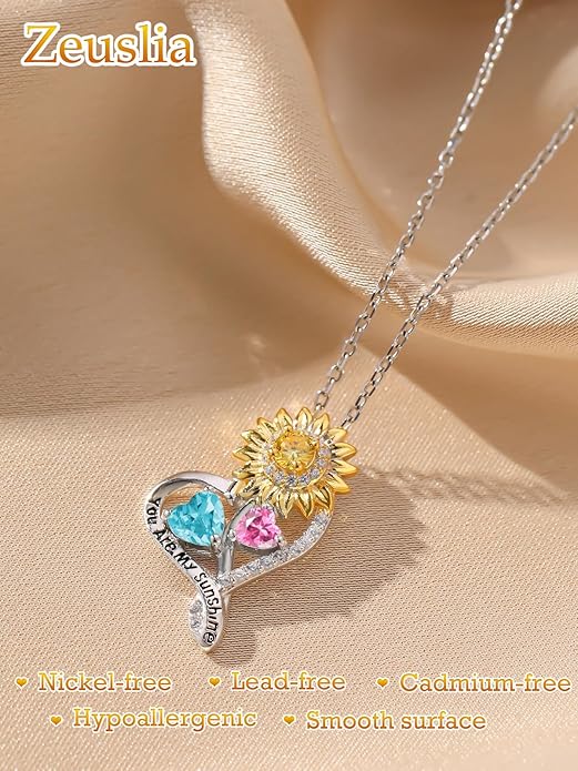 Zeuslia Double Birthstone Necklace Gifts for Wife - 925 Sterling Silver Sunflower/Rose/Crown Cross/Compass/Heart Pendant I Love You Necklace, Anniversary Birthday Gifts for Wife Girlfriend Mom Her