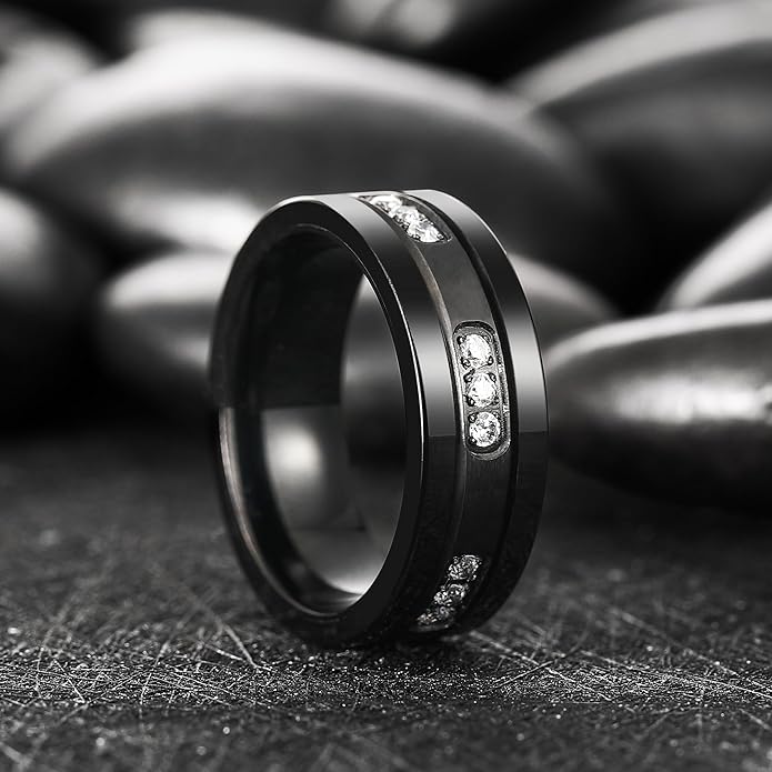 King Will Mens Tungsten Wedding Band with Cubic Zircon Inlay 7mm/8mm Flat Cut Comfort Fit Engagement Rings