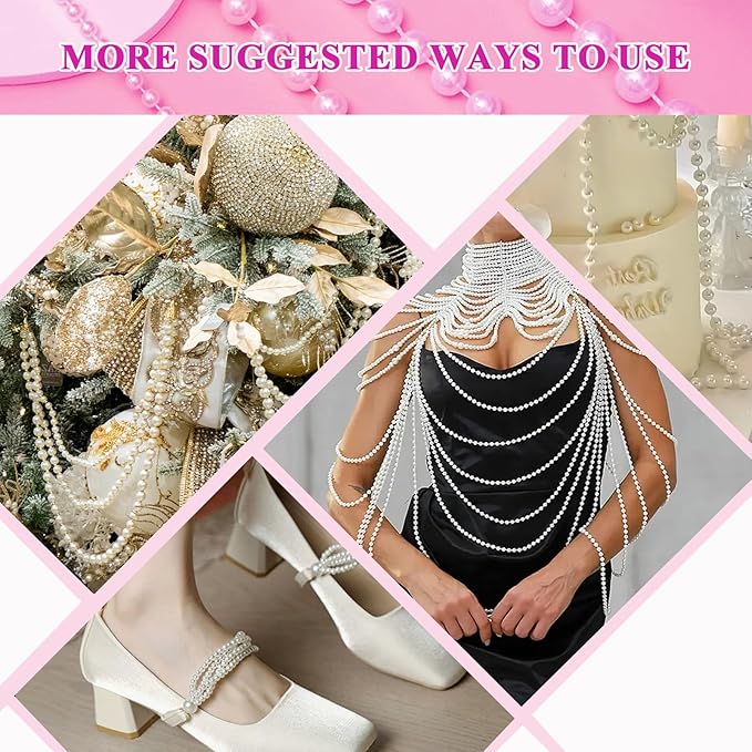 Towenm 99 Feet 6mm Pearl Strings Garland for Crafts, Artificial Pearl Beaded Trim Chain Roll Strands for Wedding Centerpieces Bouquet Party Decoration Christmas Tree Garland, White