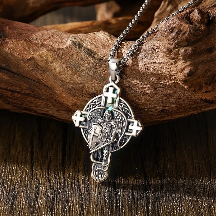 Midir&Etain Cross Necklace 925 Sterling Silver Celtic Christian Pendant Religious Protection Jewelry for Women Men