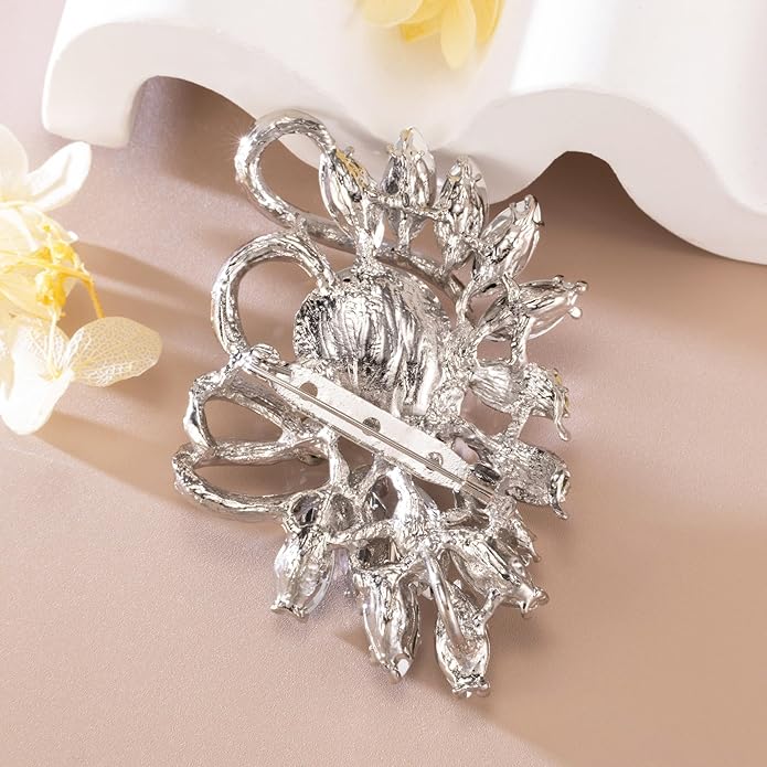 SELOVO Leaf Rhinestone Statement Brooch Pin Dress Jewelry Accessory