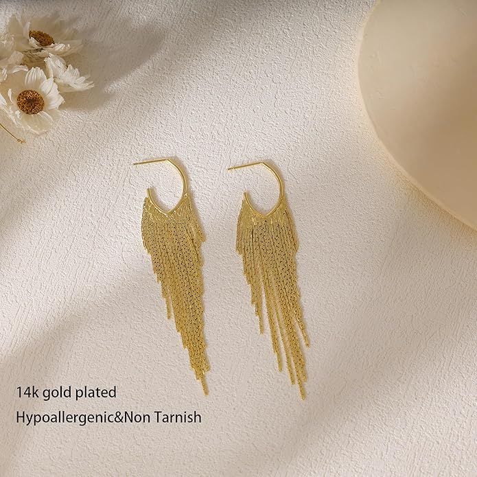 Gold Earrings for Women, 14K Gold Plated Tassel Dangle Earrings for Women Trendy Hypoallergenic Long Chain Earring Dainty Pearl Drop Earrings Elegant Wedding Earring Fashion Jewelry for Womens