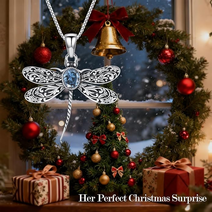 Vintage Dragonfly Necklace for Women 925 Sterling Silver, Oval Birthstone Dragonfly Pendant Boho Jewelry Birthday Gift for Her, Mom, Grandma