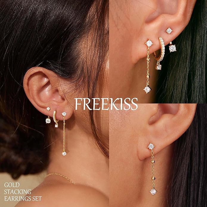 Freekiss 3 Pairs Gold Hoop Earrings Set: Dainty Stud Earrings Trendy Small 14K Gold Plated Hypoallergenic Dangle Cartilage Huggie Hoop Earrings for Women Gold Jewelry for Women Gifts