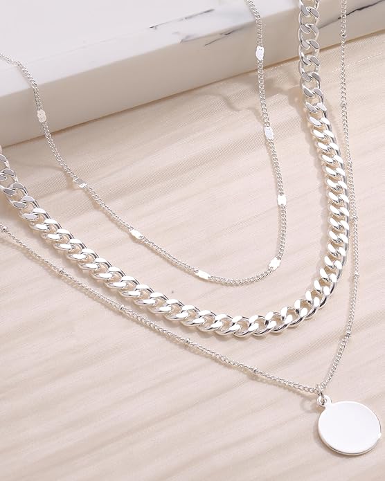 Layered Gold Silver Necklace for Women Non Tarnish,Dainty Choker Statement Chunky Necklace Stack Charm Pendant Chain Necklace Set 14K Gold Plated Long Stacked Womens Necklaces Trendy Jewelry Gift