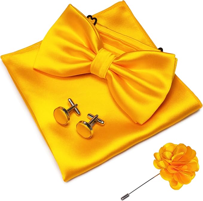 JEMYGINS Solid Color mens Pre-tied Bow Tie and Pocket Square Cufflinks Sets with Gift Box