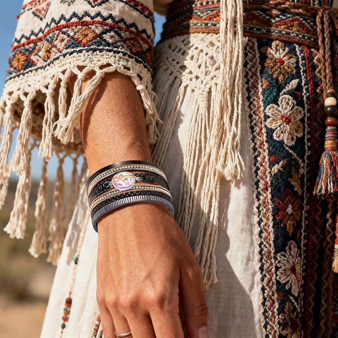 ENGCKSHI Wrapped Bracelets for Women,Leather Bracelet,Boho Bracelets for Women,Multi-Layer Pearl Crystal Bracelet Bangle Jewelry