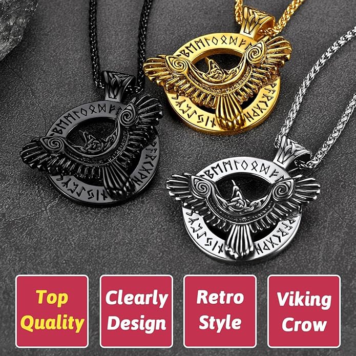 FaithHeart Viking Raven Necklace for Men, Norse Mythology Raven Skull Pendant Sturdy Stainless Steel Amulet Jewelry Gift for Men