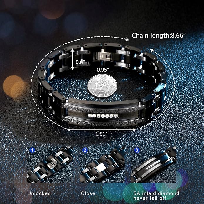 Holizaly Men's Curved Brand Bracelet, Black and Blue Ion Plated Black Gifts Men Women Birthday Valentine's Day Jewelry Gifts Husband Boyfriend Son