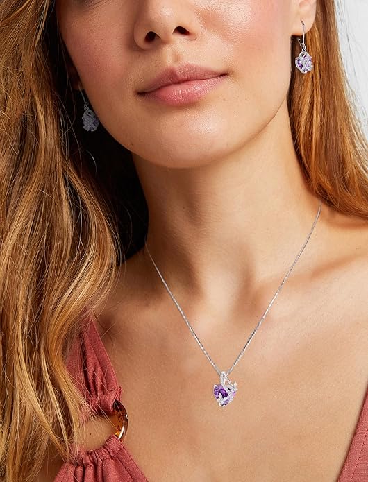 925 Sterling Silver Butterfly Earrings Necklace Created Amethyst Heart Jewelry Set