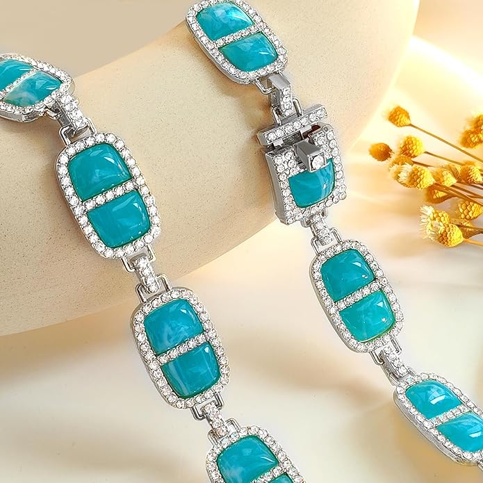 Chunky Necklace for Women 12 Colors Diamond Stone Gold Statement Necklace for Women Full Trendy Blue Birthstone Choker Necklace for Women Square Design Necklace Jewelry