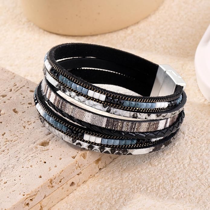 ENGCKSHI Wrapped Bracelets for Women,Leather Bracelet,Boho Bracelets for Women,Multi-Layer Pearl Crystal Bracelet Bangle Jewelry