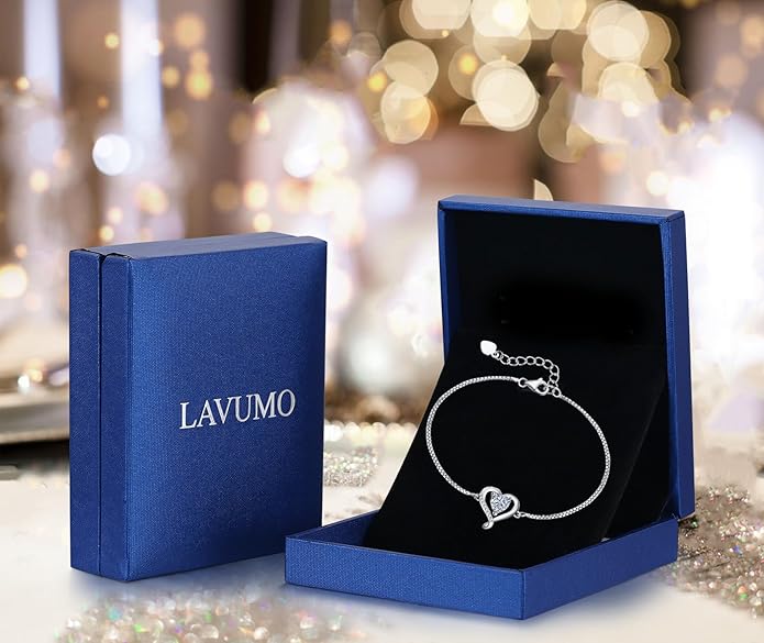 LAVUMO Love Heart Bracelets for Women 925 Silver Charm Birthstone Bracelet Adjustable Anniversary Birthday Jewelry Gifts for Women Girlfriend Wife Daughter Mom Her