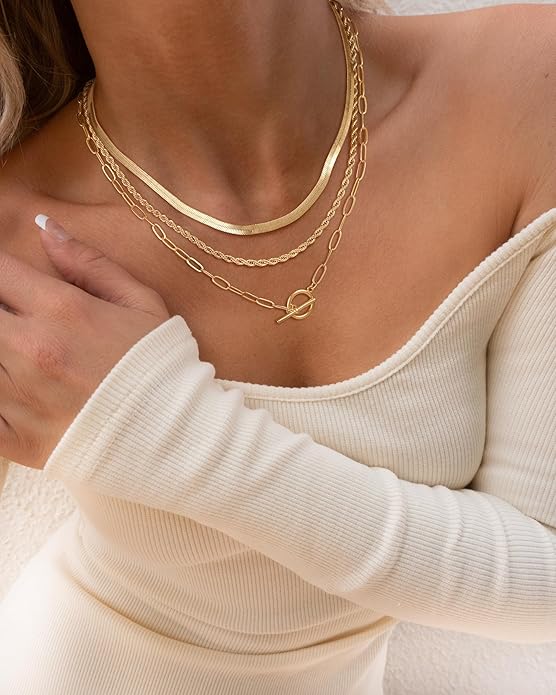 CHESKY 14K Gold Plated Layered Herringbone Necklaces for Women, Trendy Paperclip Snake Chain Necklace Cuban Link Simple Chunky Toggle Clasp Necklace Set Fashion Jewelry